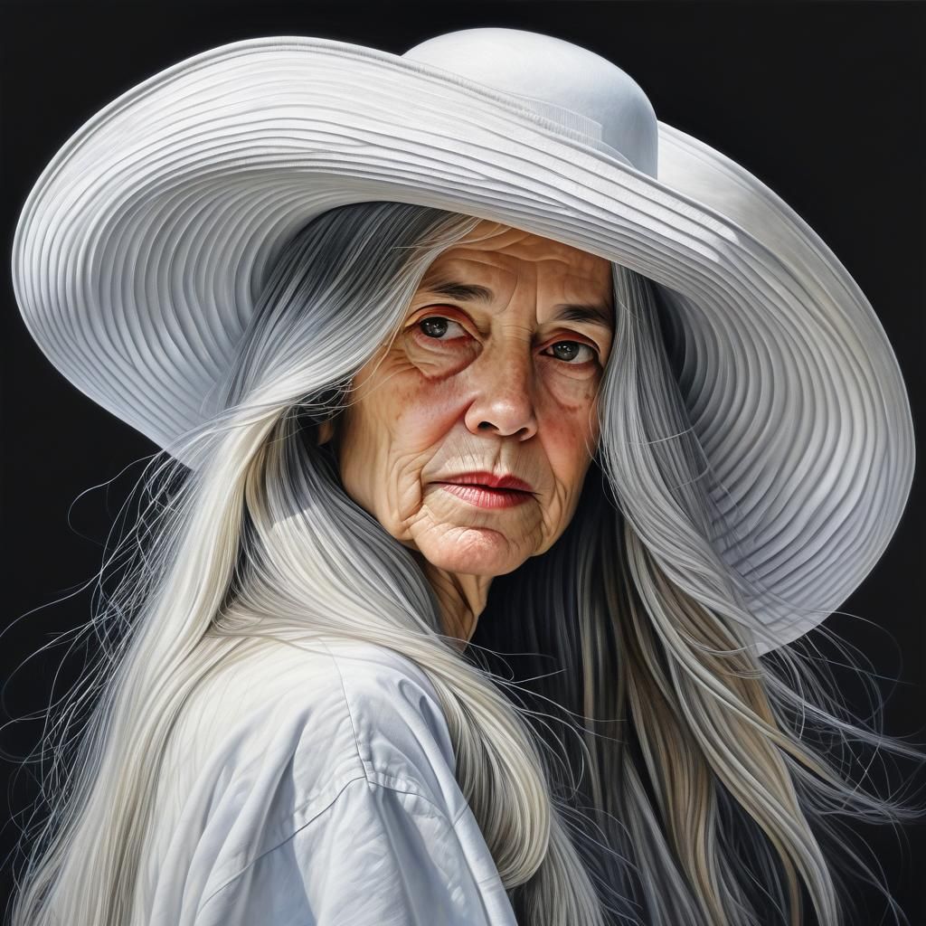 Woman with Grey Hair and White Hat: Digital Art Portrait