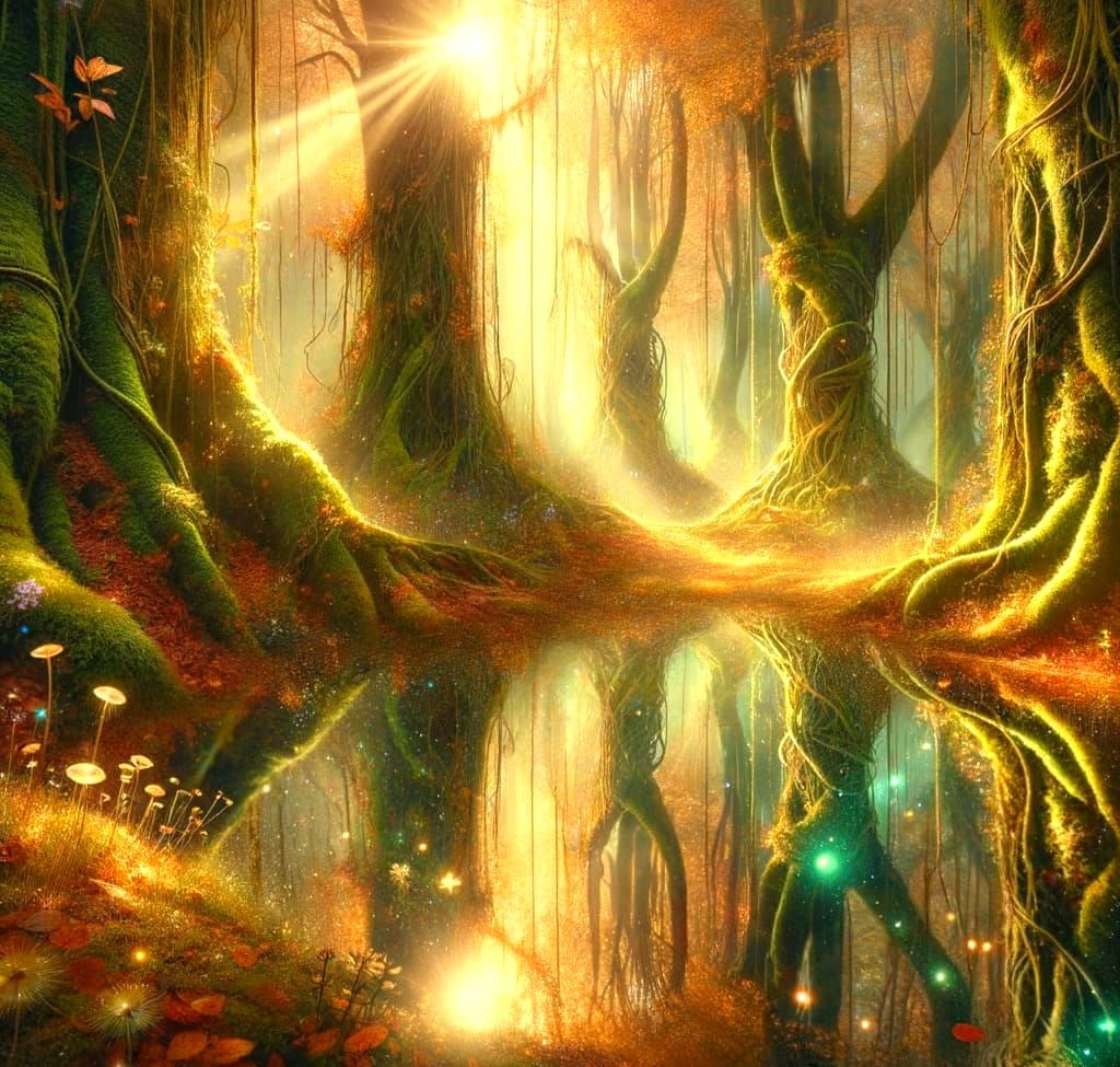 Whimsical Autumn Fantasy in a Lush, Ancient Forest