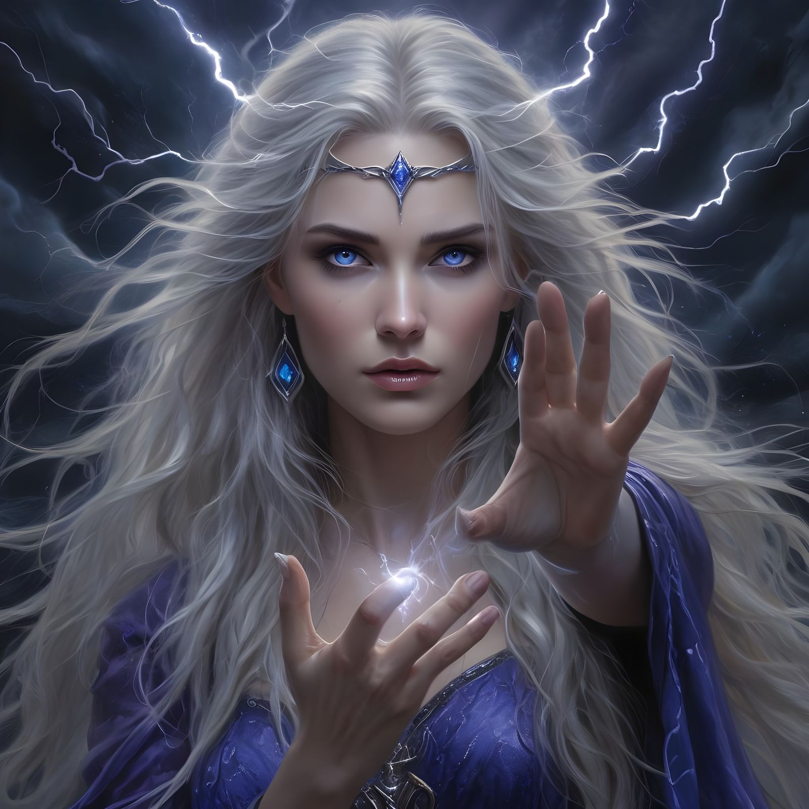 Mystical Norse Goddess with Violet Dress and Lightning Spell