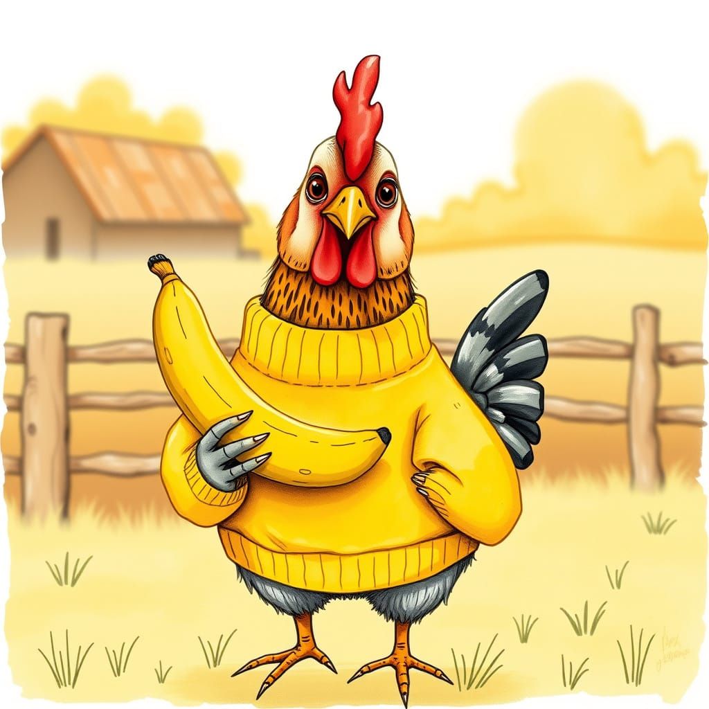 Chicken in Sunny Farm Scene, Whimsical Hand-Drawn Style