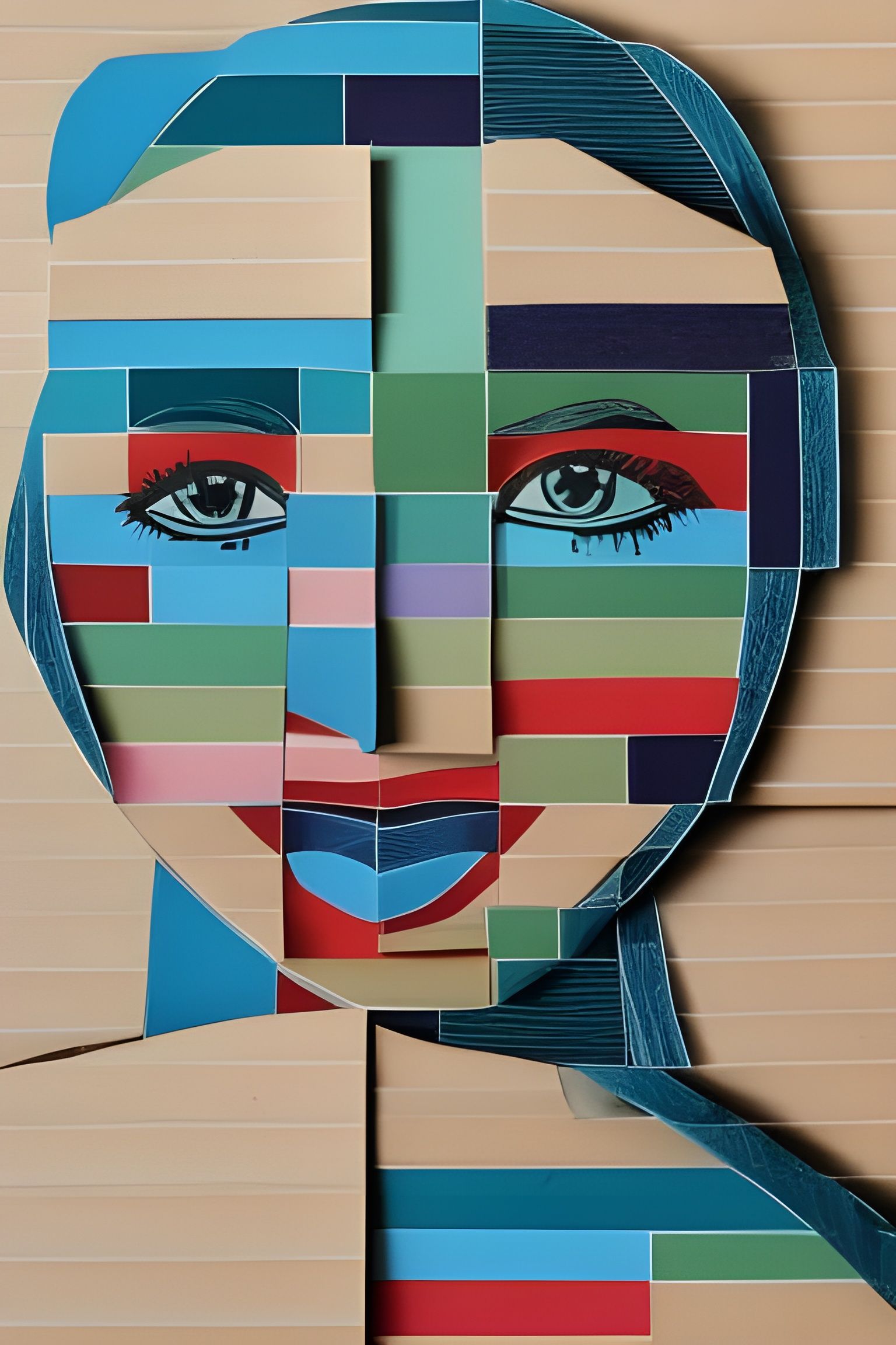 Woman's Face Made of Wood Blocks in Pop Art Style