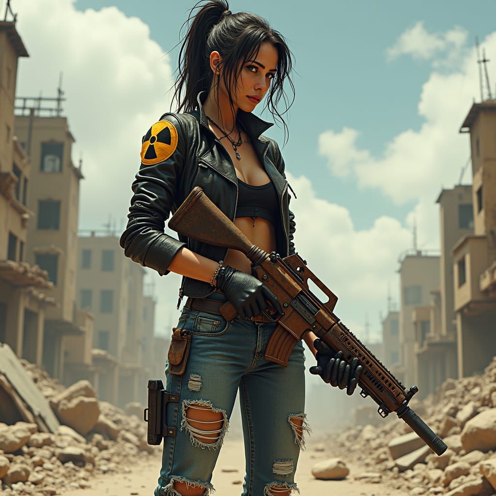 Wasteland Survivor with Laser Rifle in Dystopian Ruins