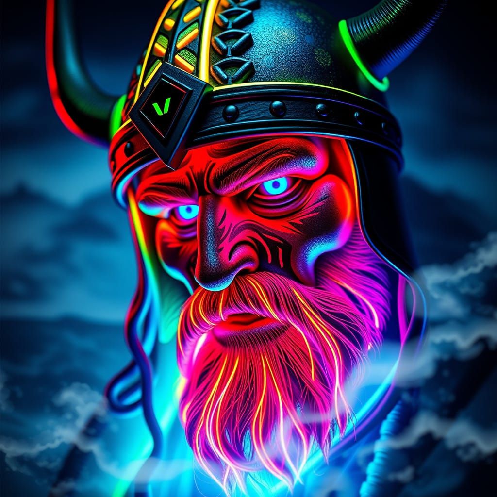 Neon Viking Warrior with Helmet in Vibrant HDR Scene