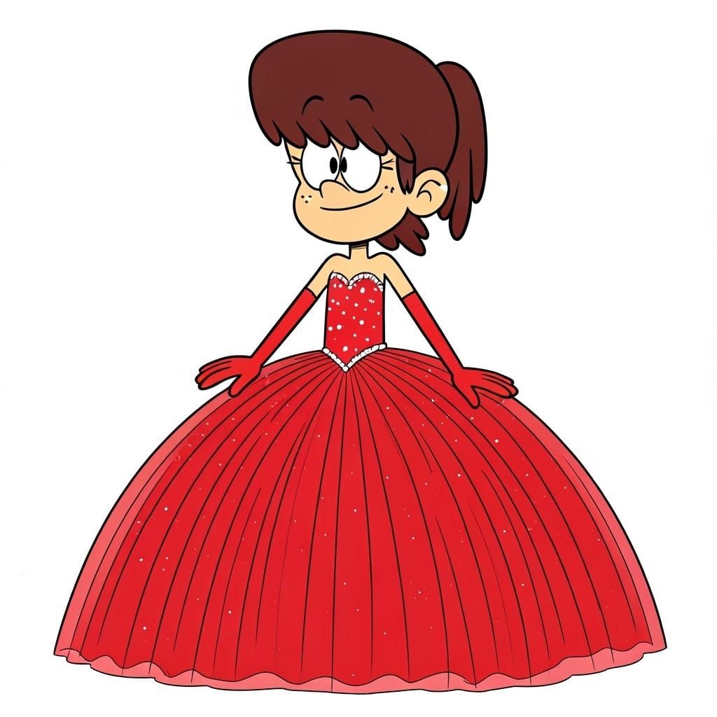 The Loud House Cartoon Style: short 12 year old skinny Lynn Loud with black hair wearing a long large wide floor length ...