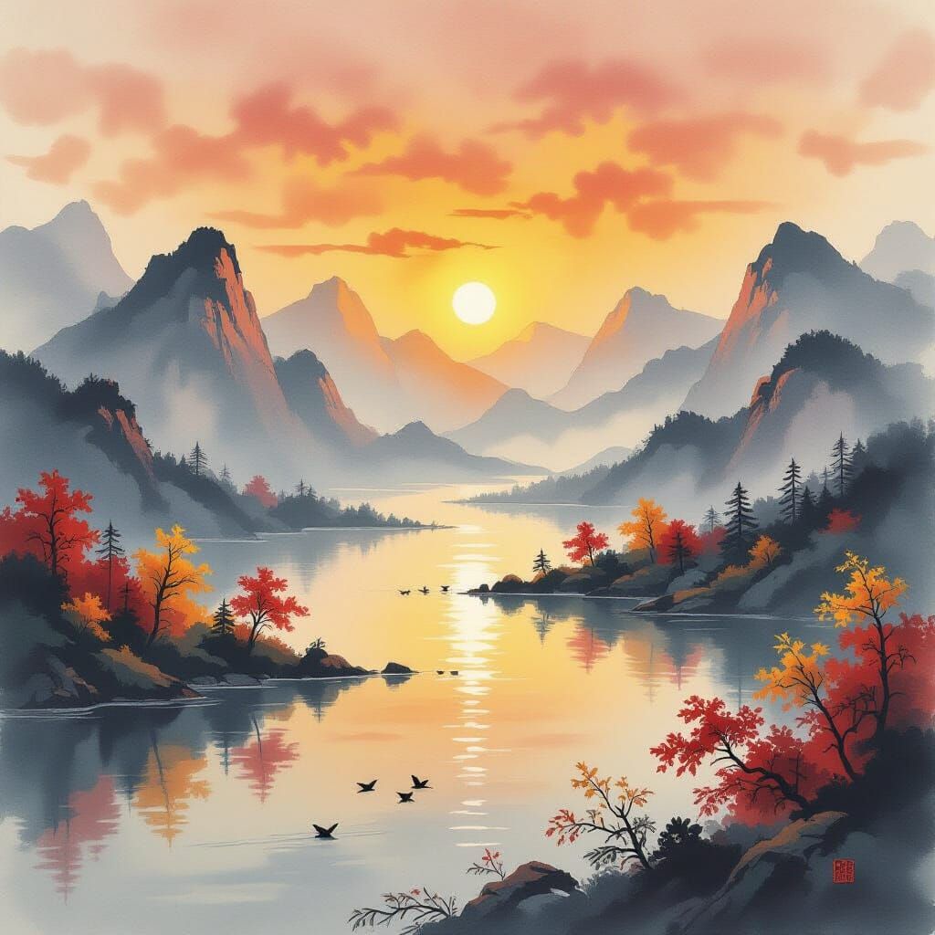 Yangtze River Autumn Sky Ink Wash Painting