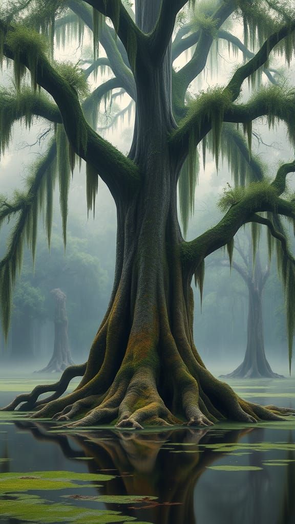 Majestic Ogeechee Tupelo Tree in Serene Swamp Landscape