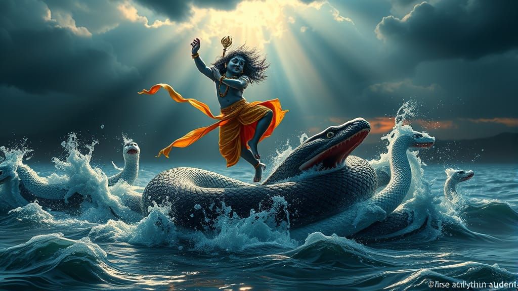Radiant Krishna Dances on Kaliya's Heads in Vibrant Yamuna W...