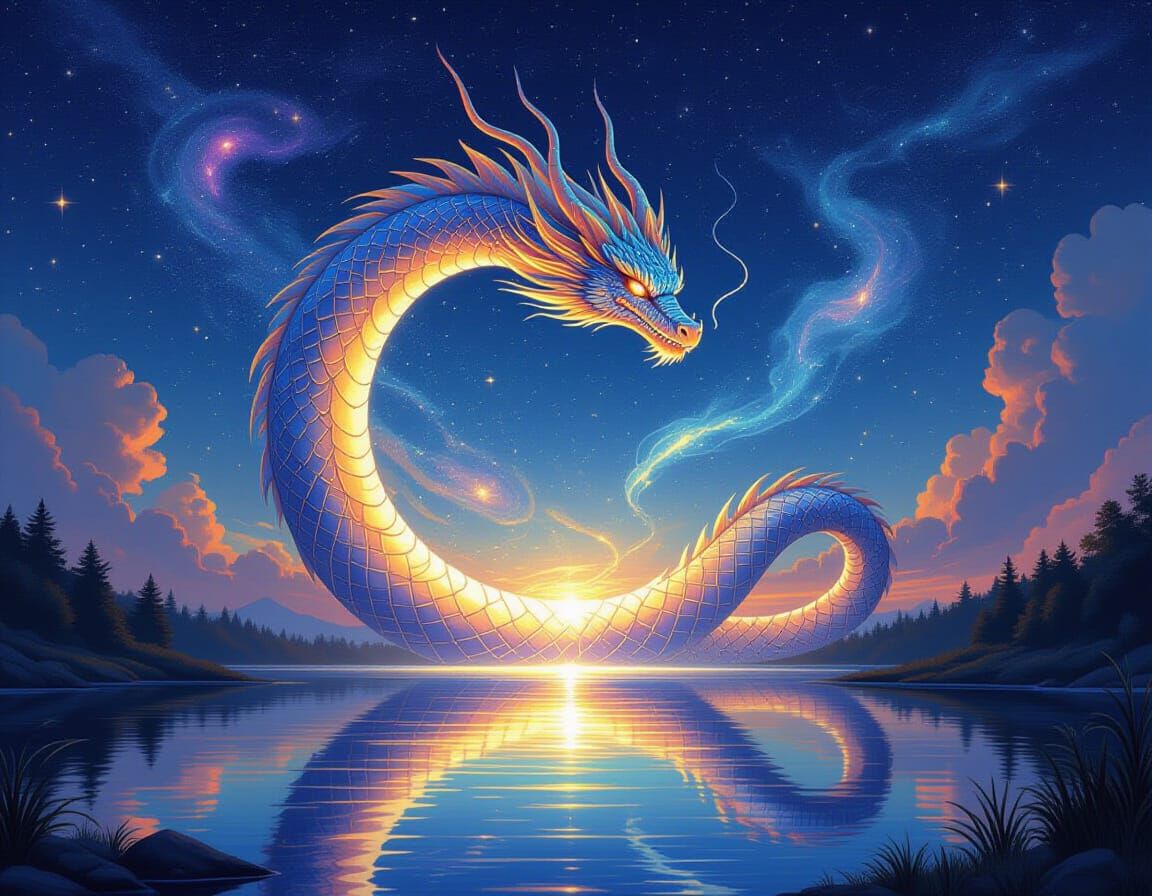 Celestial Dragon Coiling Around Crystalline Portal