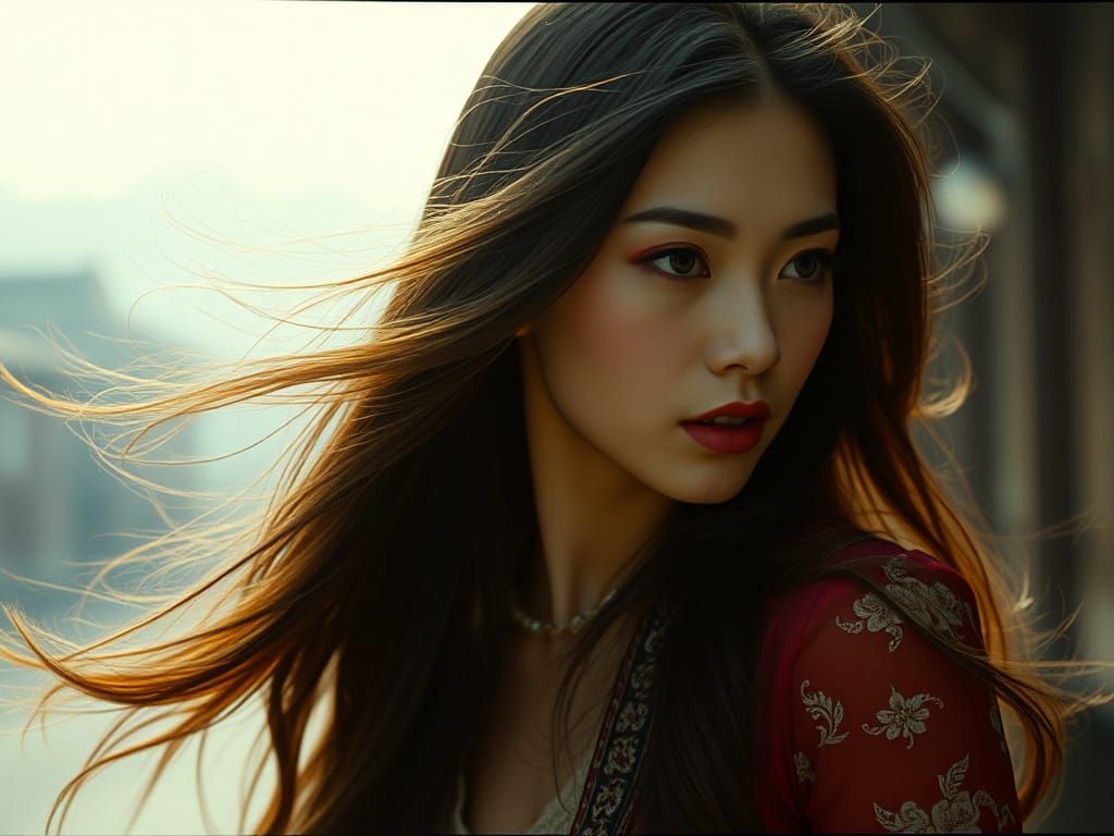 Dramatic Portrait of Chinese Woman with Long Hair