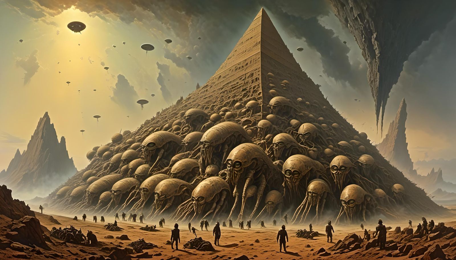 aliens emerging from a pyramid