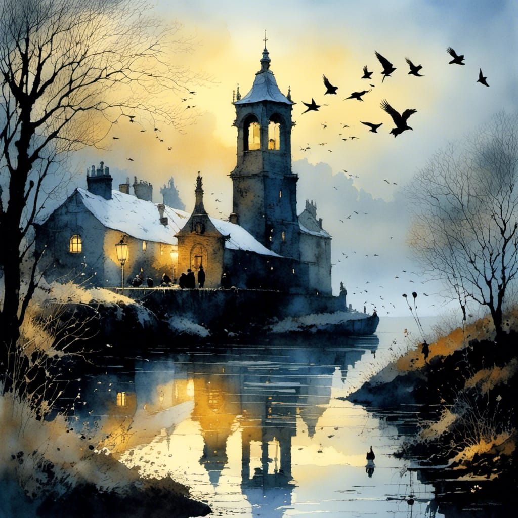 Peaceful Evening Bird Flight, Intricate Watercolor Style