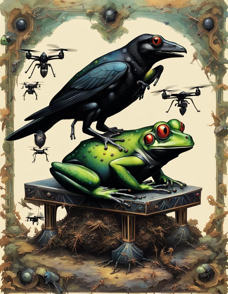 Metallic Frog King on Throne with Crow