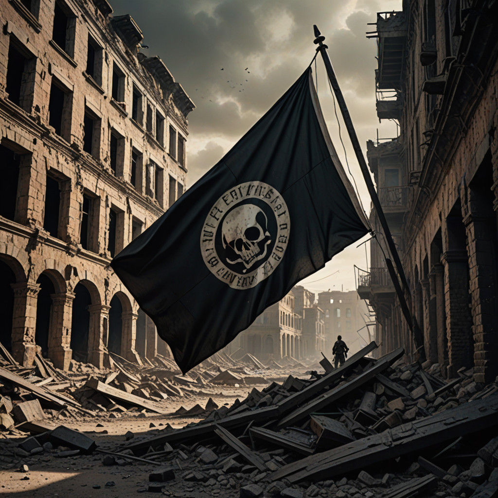 Gritty Black Flag Planted on Ruins in a Dark Post-Apocalypti...