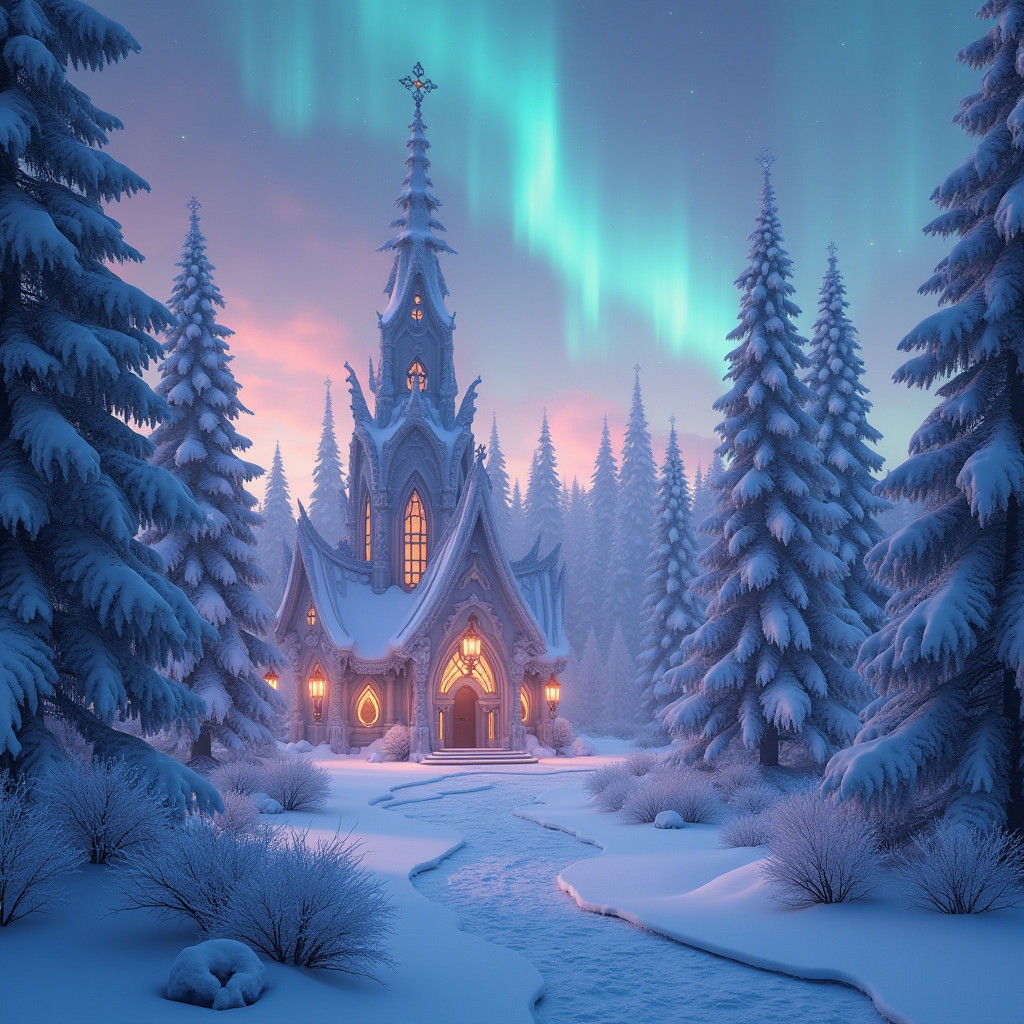 Mystical Winter Wonderland with Aurora Borealis