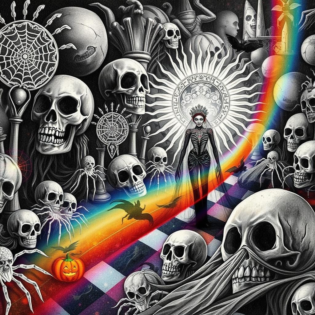 Ornate Sugar Skull Woman Dances on Eerie Chessboard