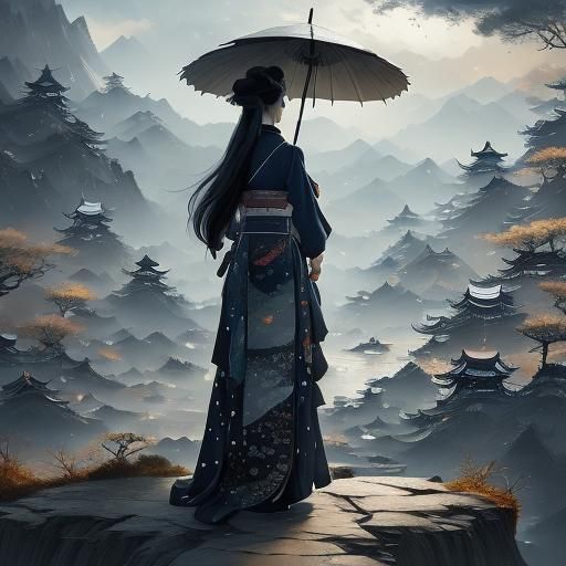 Girl in Hanfu Watching Moon, Detailed Fantasy Art