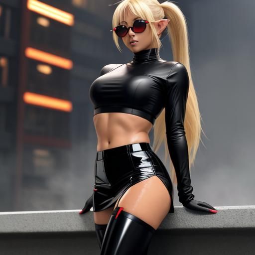 Anime Elf with Red Eyes and Latex Miniskirt