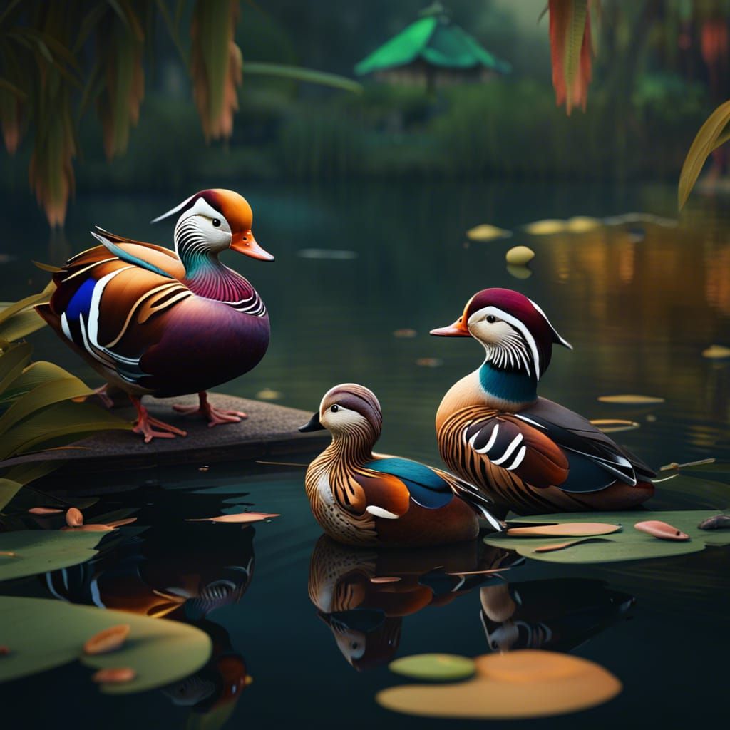 Mandarin Duck Family on Pond: Fantasy Concept Art