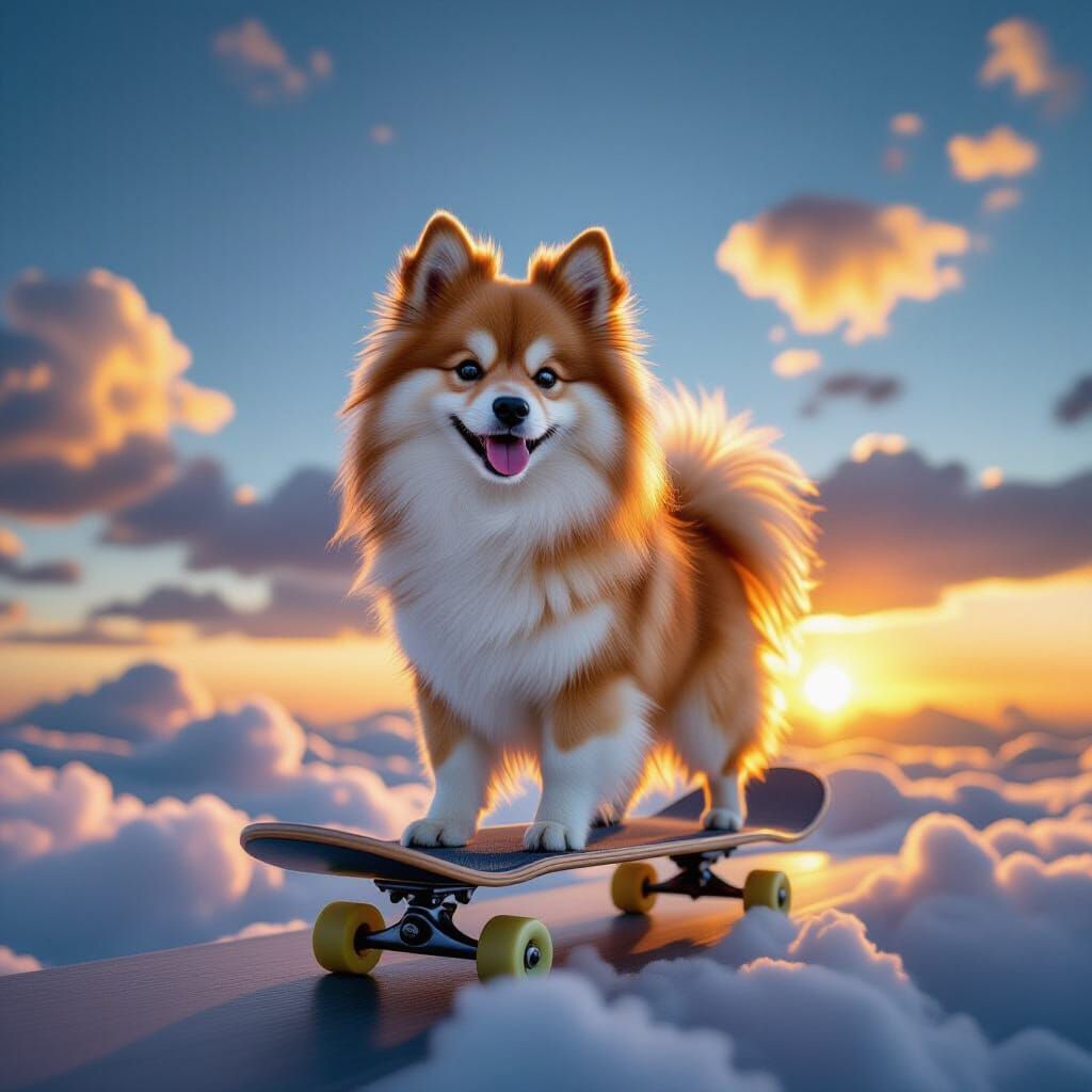 Japanese Spitz Dog on Skateboard Riding Clouds at Sunset