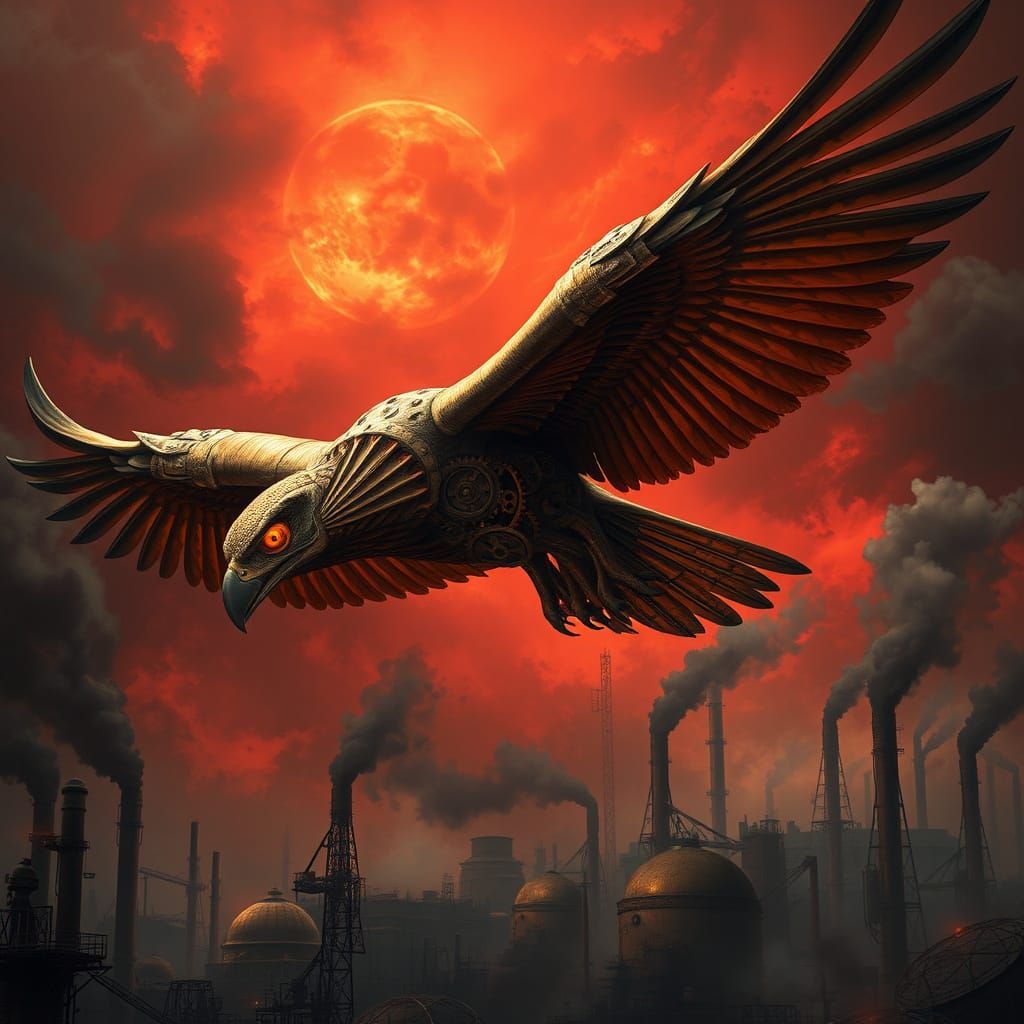 Steampunk Falcon Soaring Through Crimson Skies