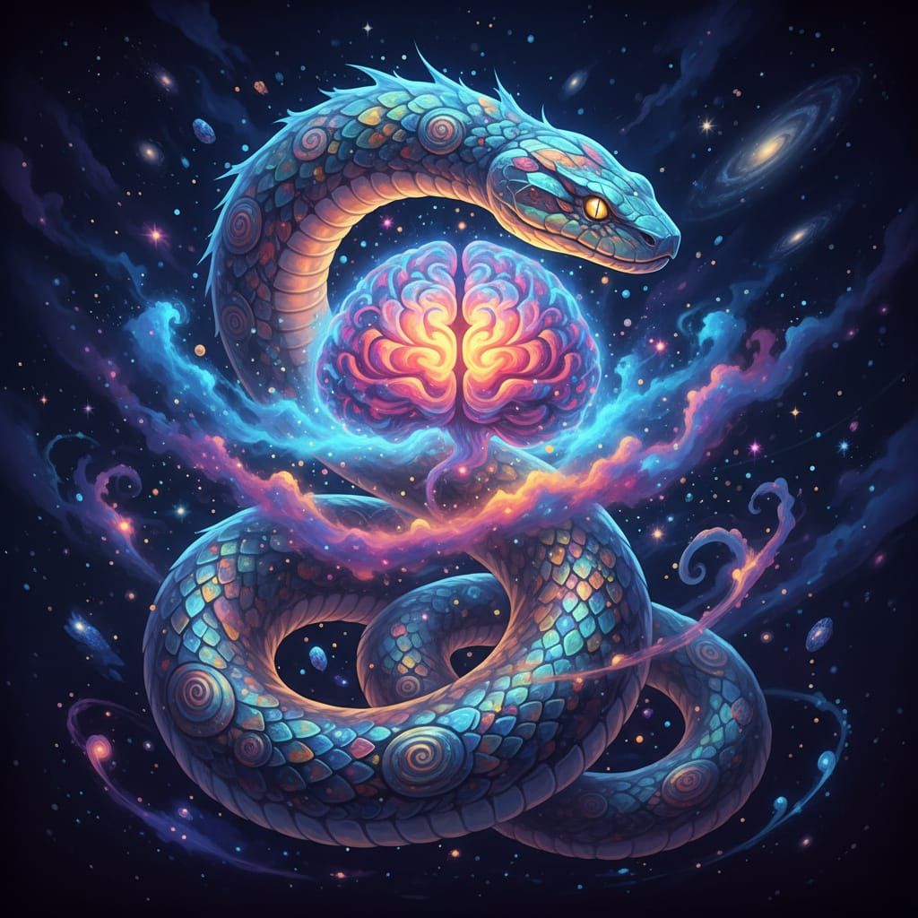 Colossal Magic Snake Coiled Around Nebula in Cosmic Ocean