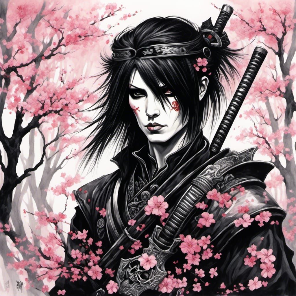 Emo Goth Samurai Sakura Digital Illustration