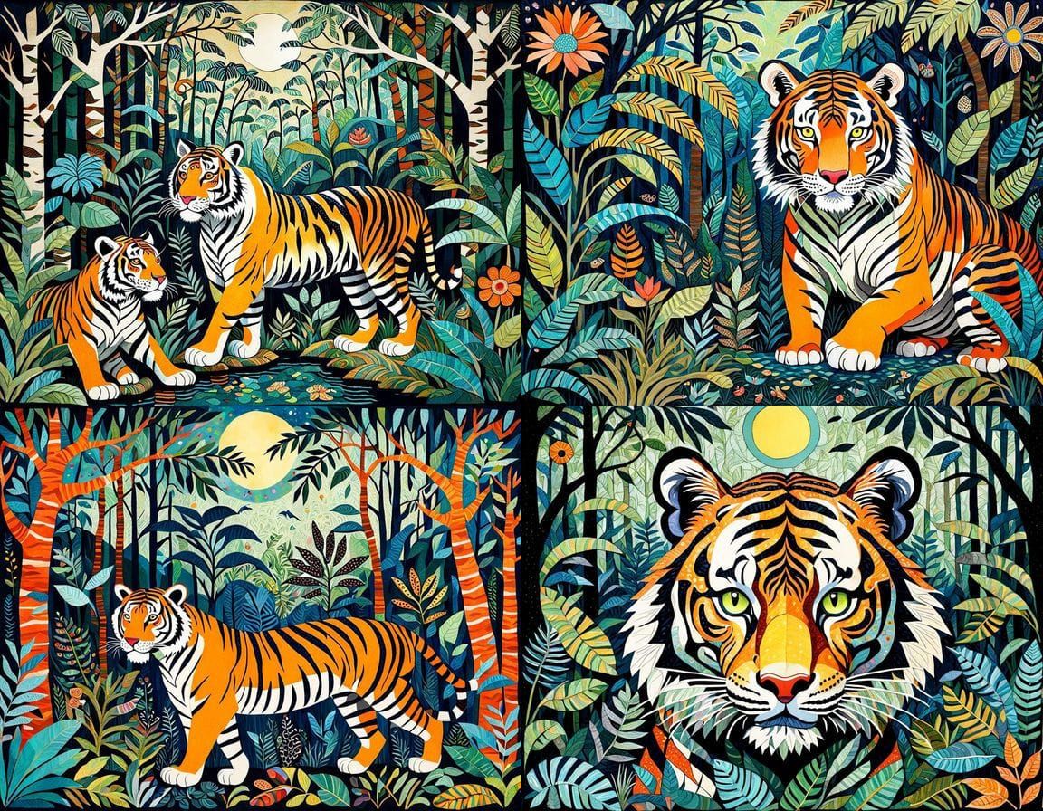 Whimsical Tiger in Vibrant Jungle Textiles