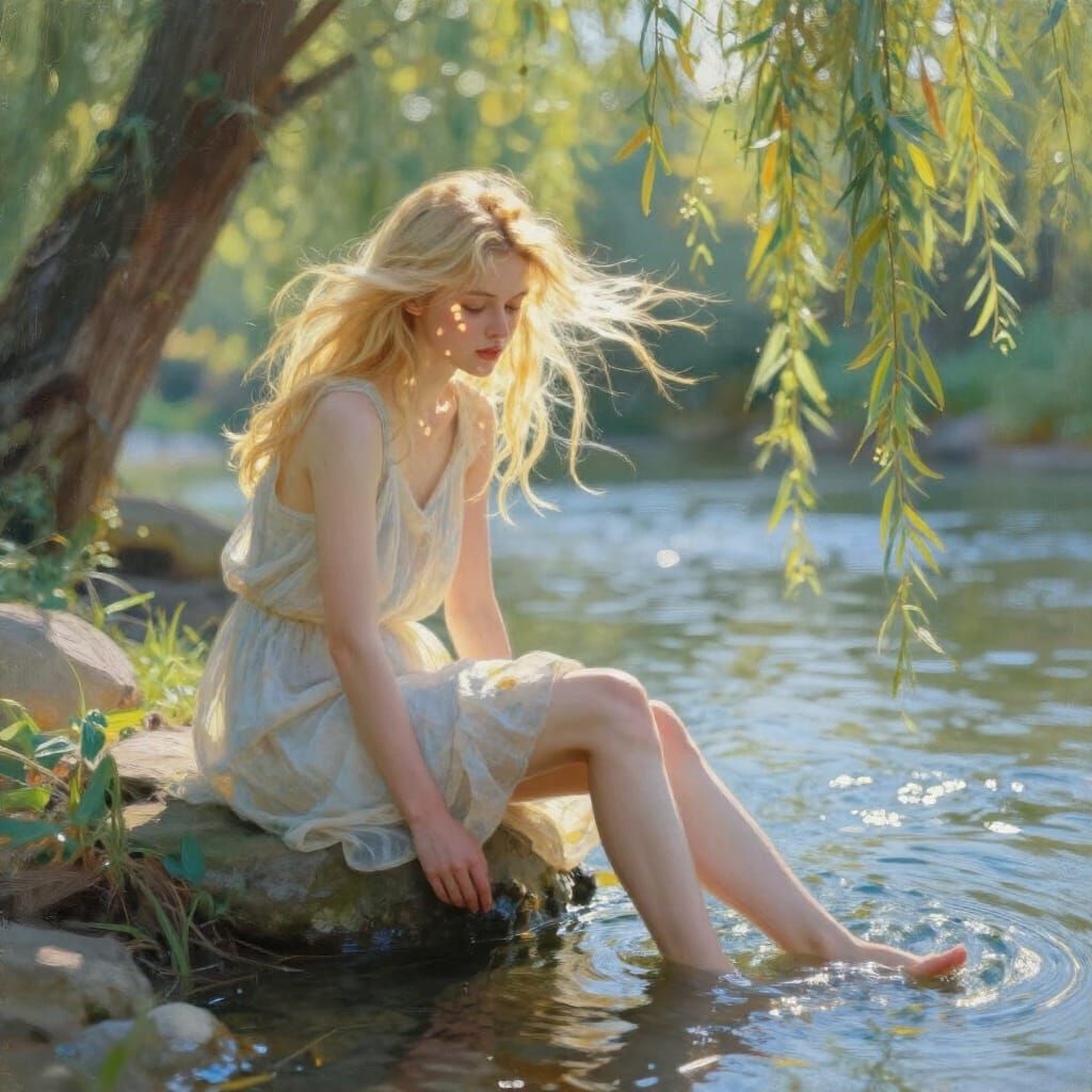 Blonde Girl by River in Impressionist Oil Painting Style