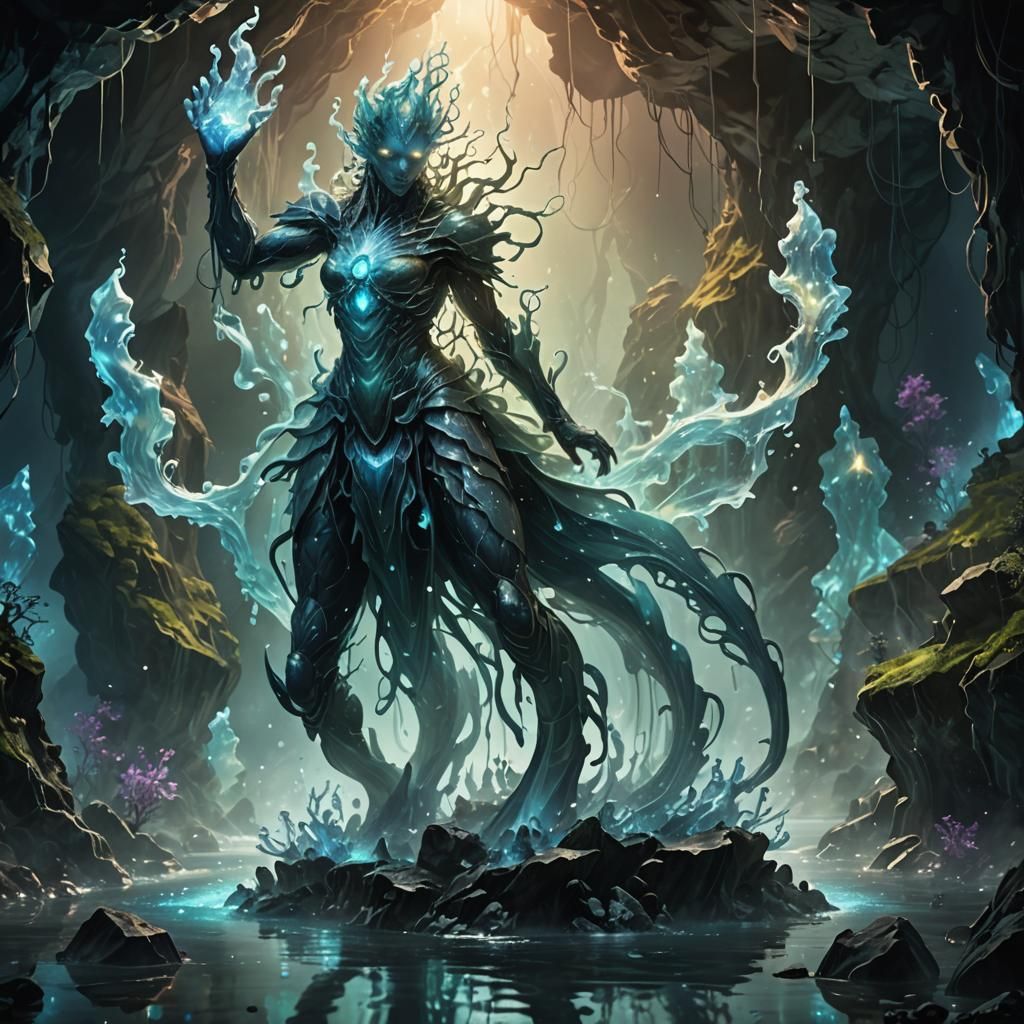 Centaurs and Water Elementals in Bioluminescent Cavern