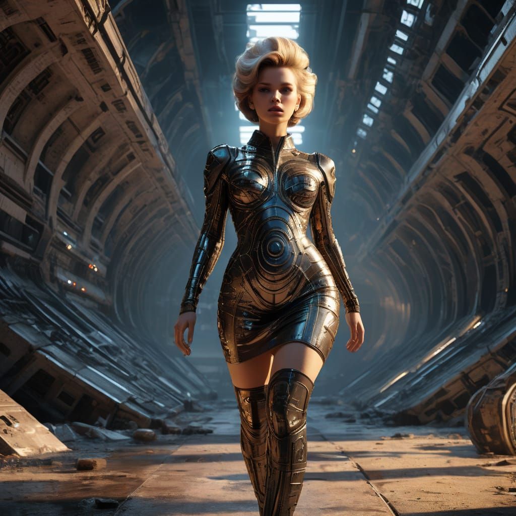 Sci-Fi Woman in Ruined Megastructure in Retrofuturism Style