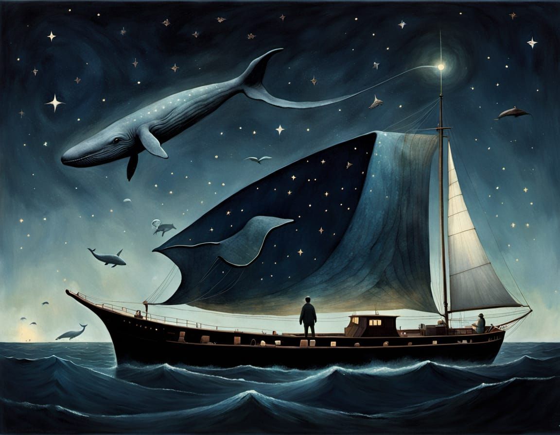 Gigantic Whale Creature Flies Over Sailboat at Twilight