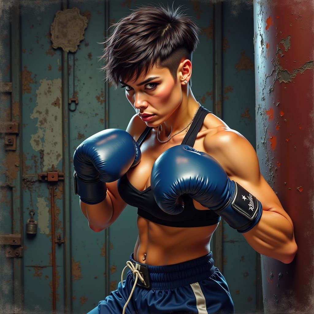 Muscular Female Boxer Training in Gritty Pulp Comic Style