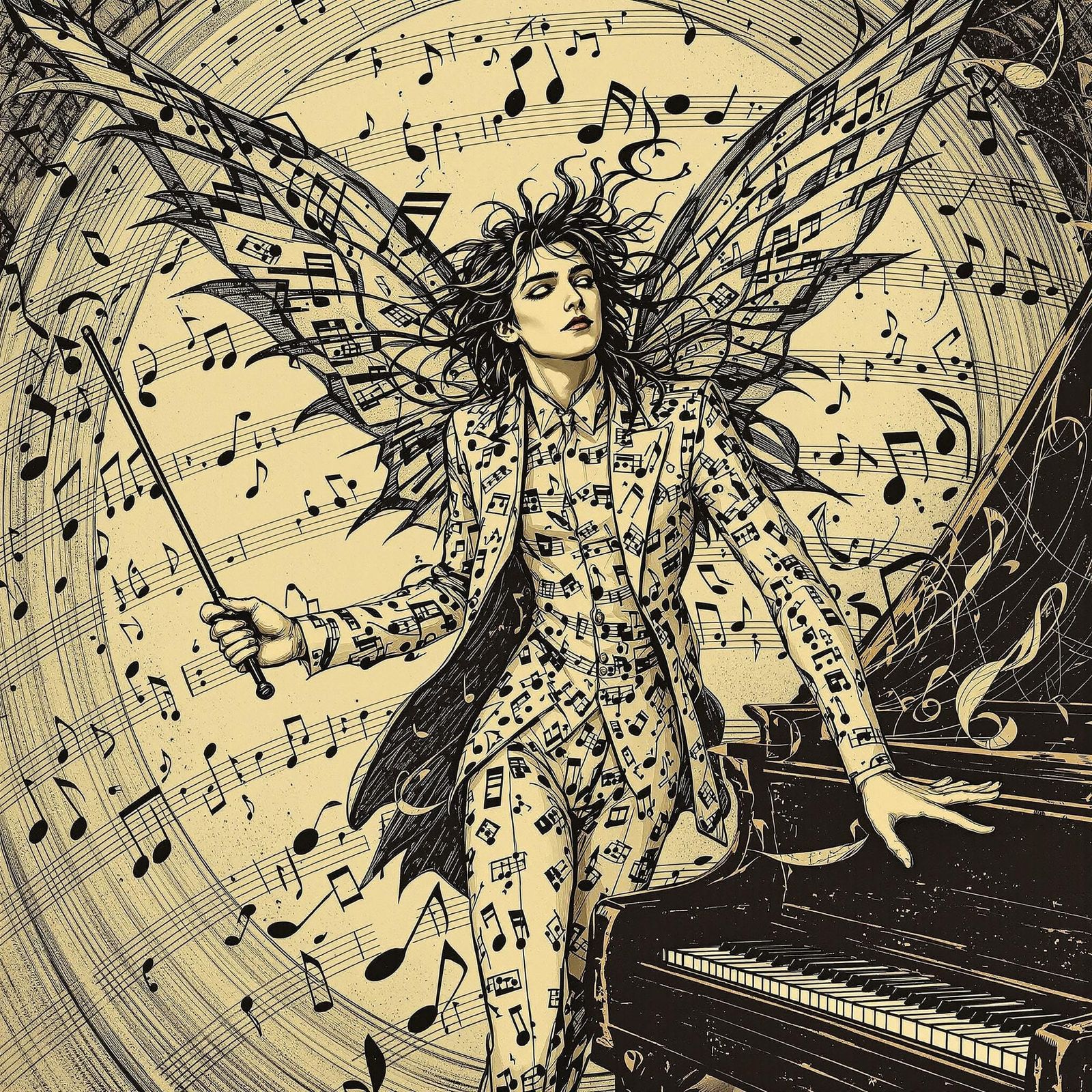 A male fairy wearing a suit patterned with musical notes. He...