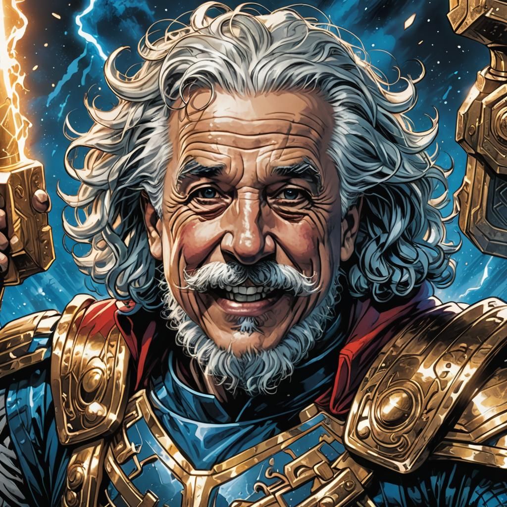 Einstein as Thor in Comic Book Art