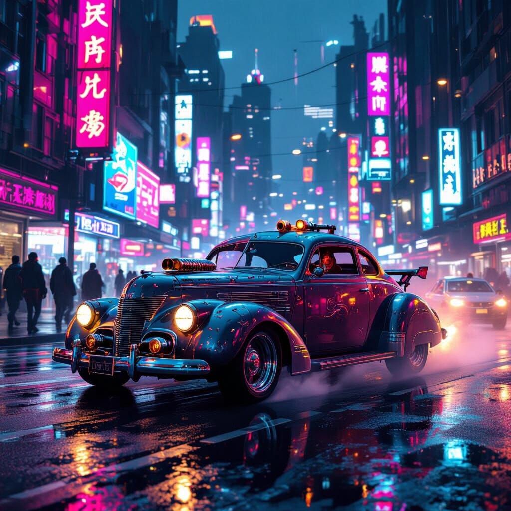 Dieselpunk Car Navigates Neon Cyberpunk City at Night