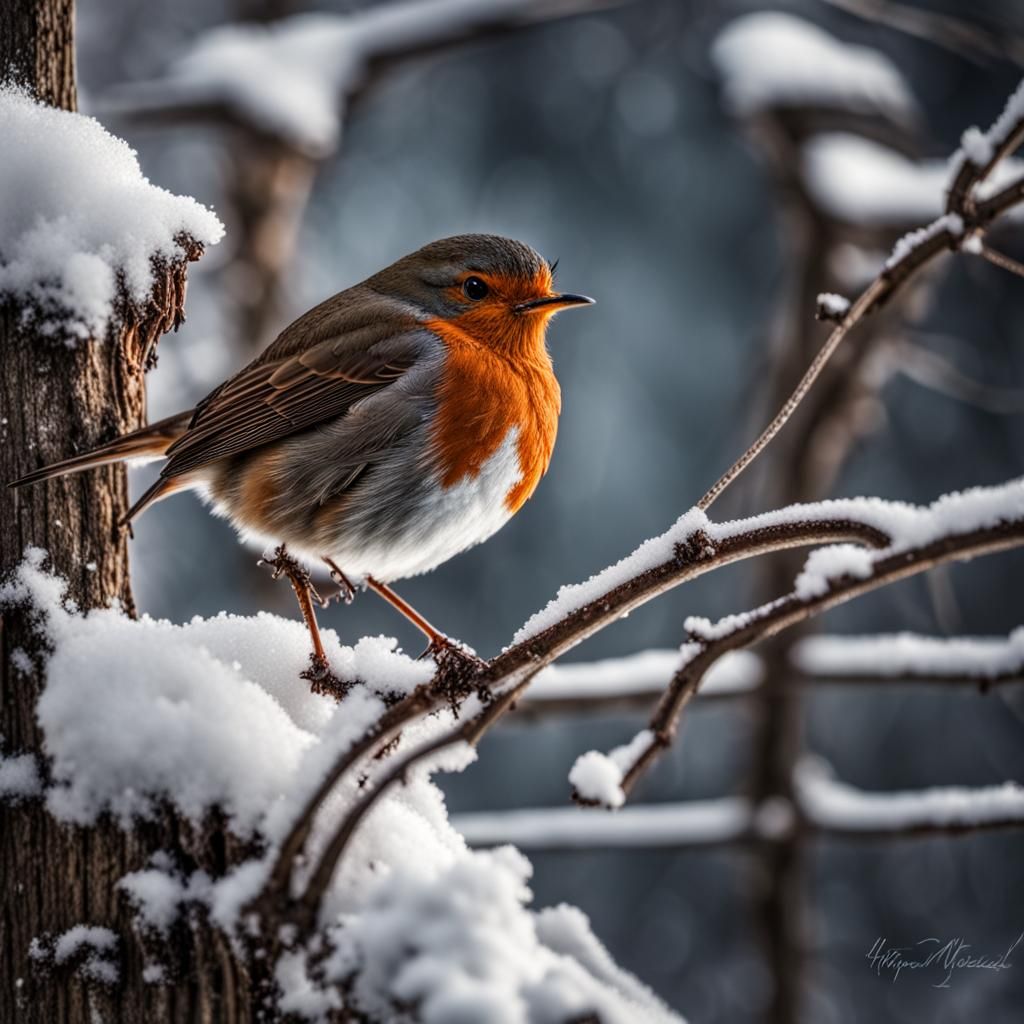 Robin in Winter Snow: Hyperrealistic Bird Portrait