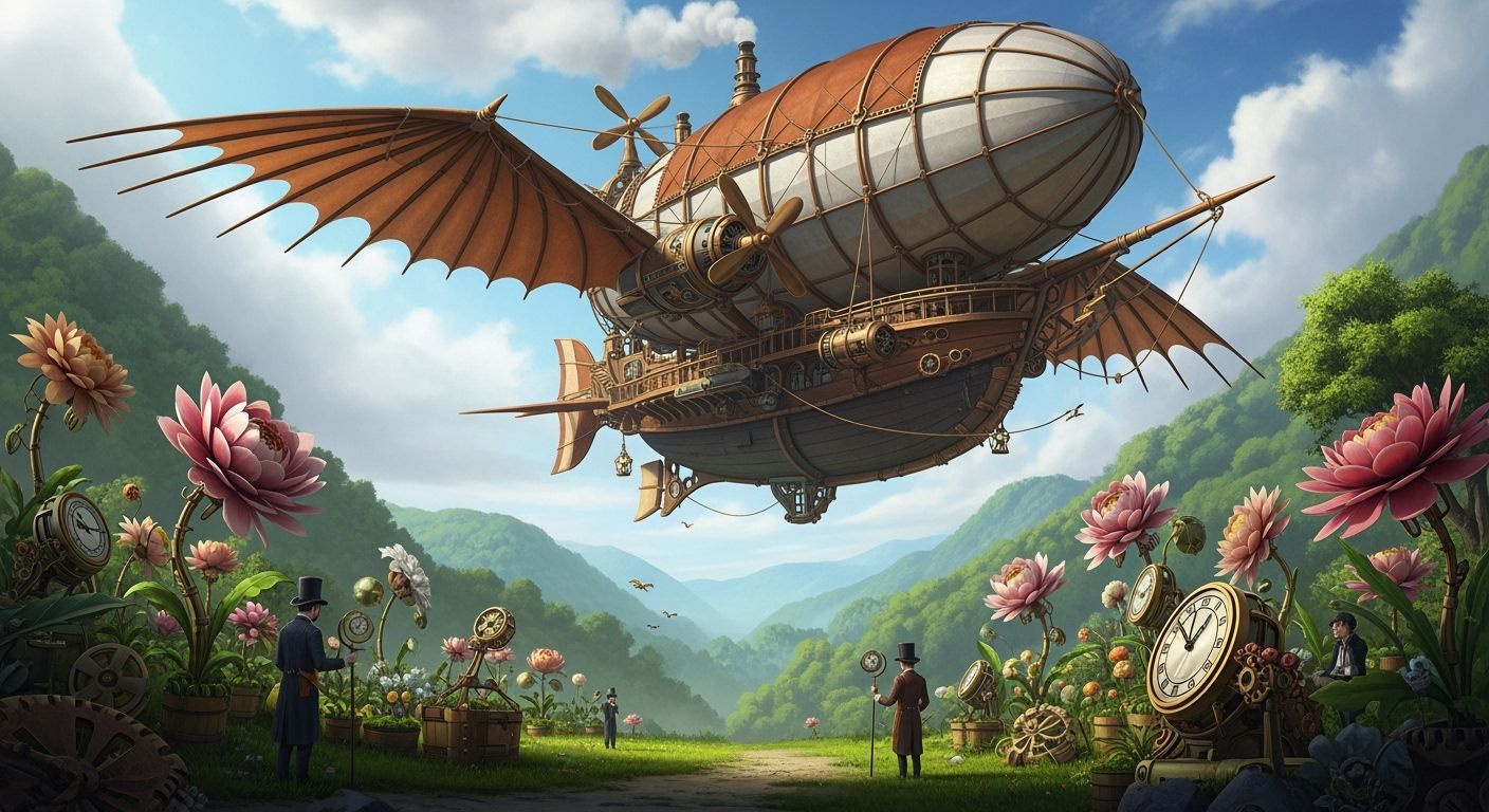 Steampunk Airship Over Emerald Valley: Detailed Sci-Fi Scene