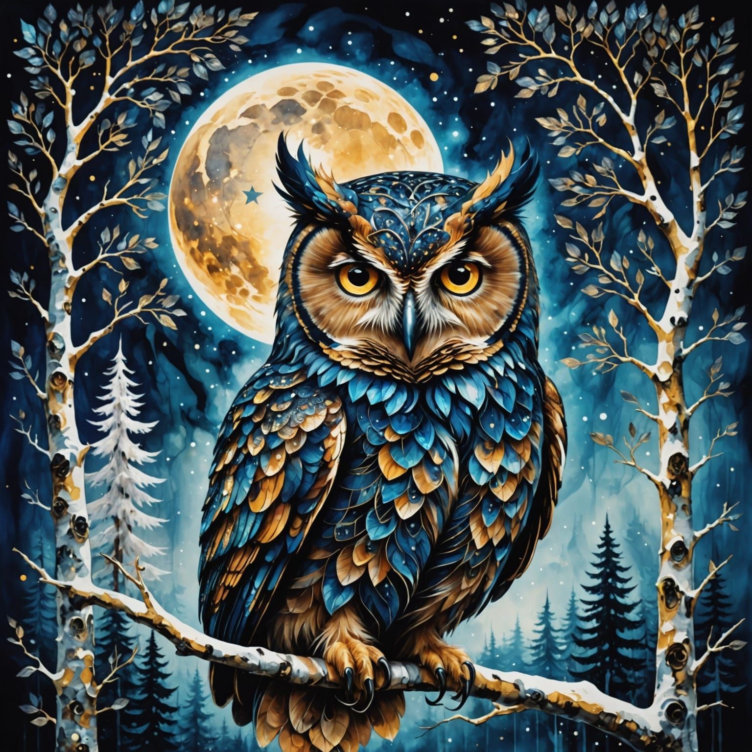 Owl Portrait with Birches and Stars, Splash Art