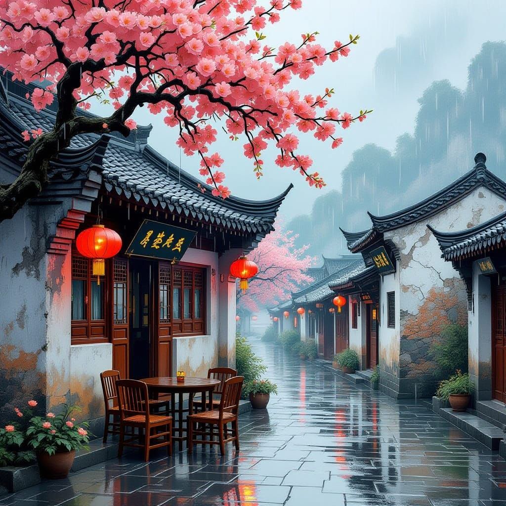 Chinese Village in Heavy Rain, Painterly Style