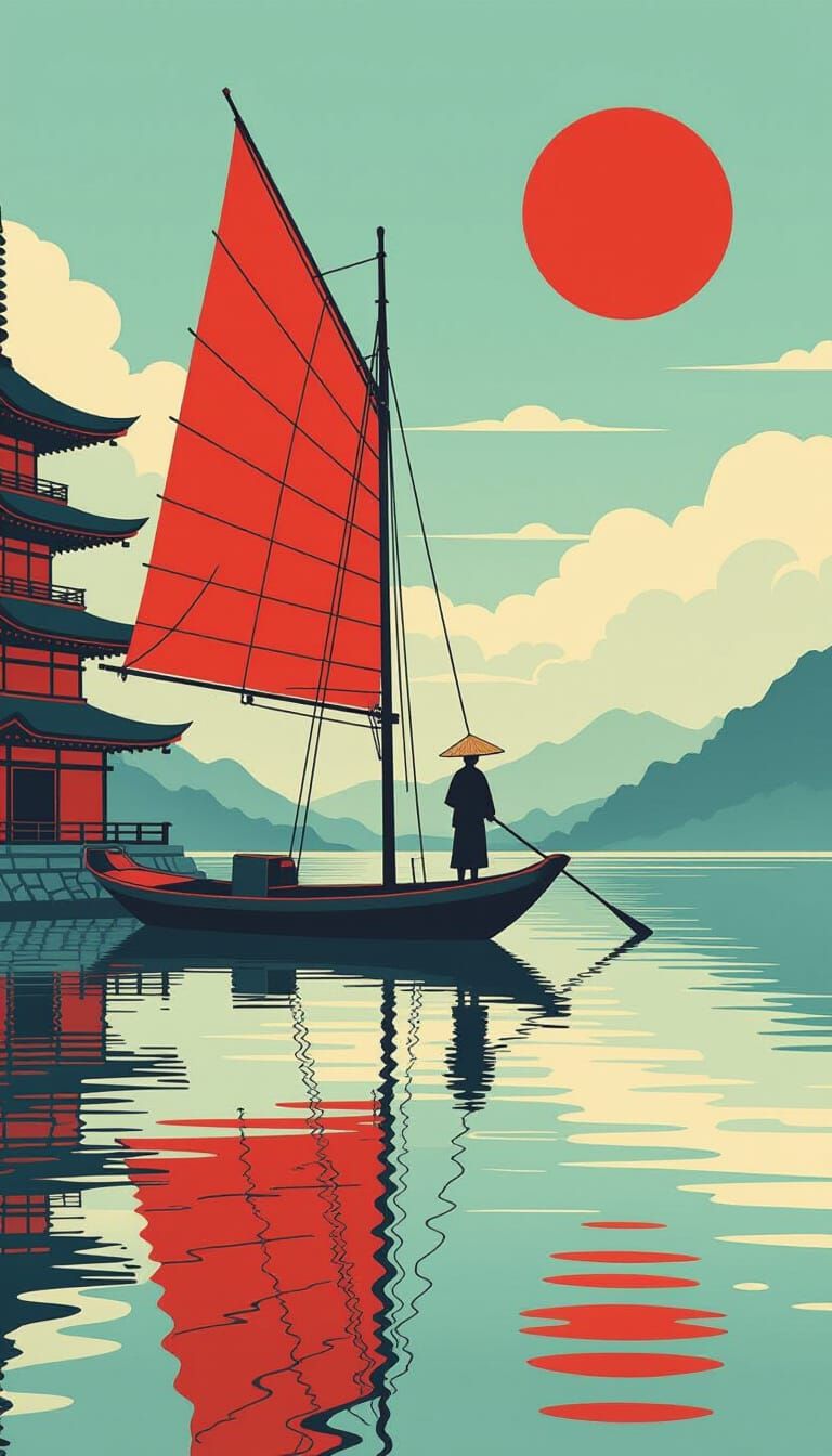 Japanese Fisherman at Sunset in Ukiyo-e Style