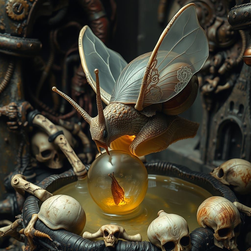 Surreal Snail Sipping Nectar in Biomechanical Style