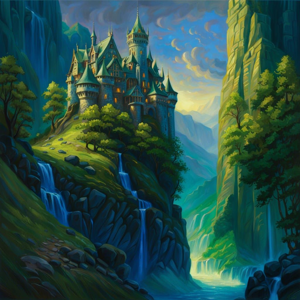 Fantasy Blue Castle in Green Valley, Digital Oil Painting