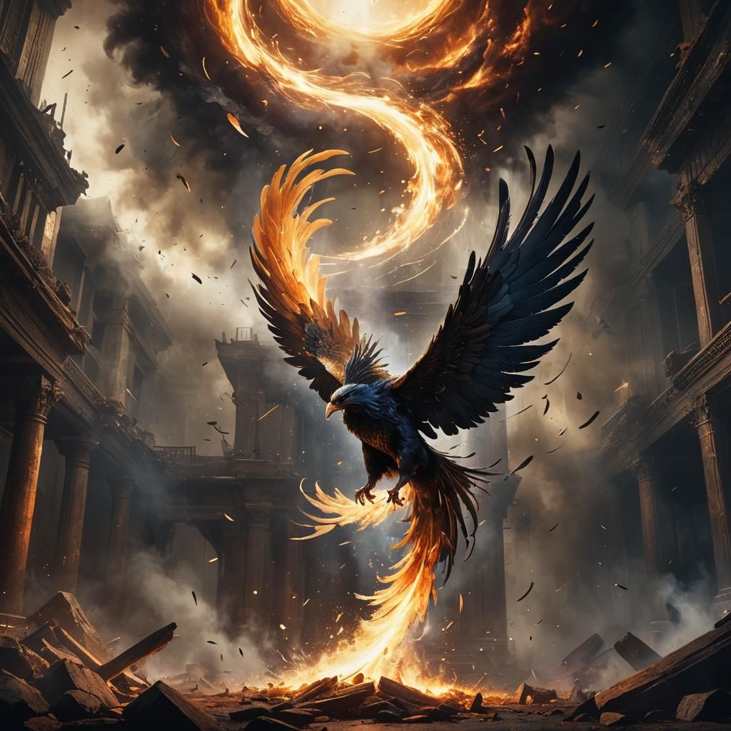 Feather Falling in Smoky Phoenix Nest: Dark Fantasy Art