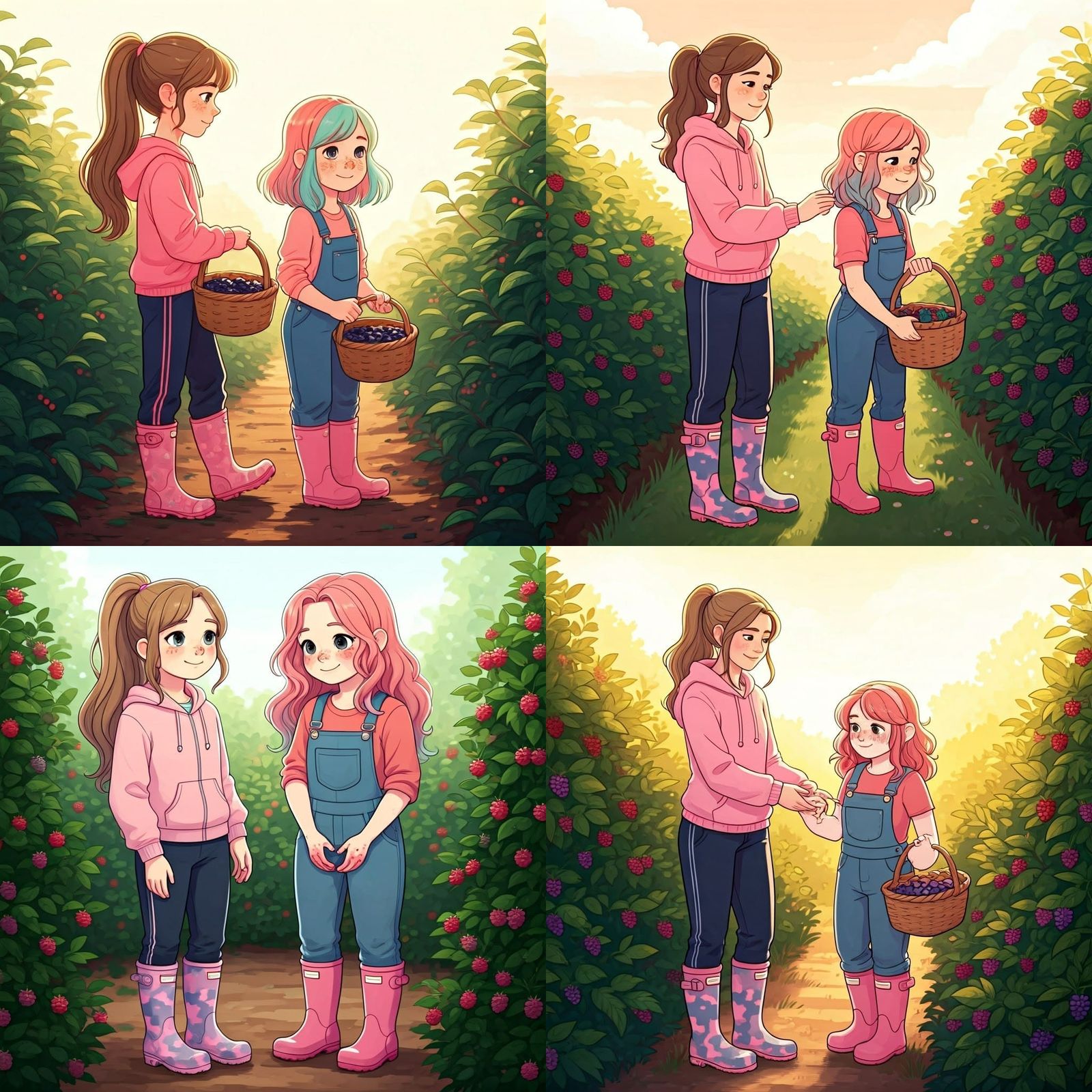 Girls Picking Berries at a Sunny Farm