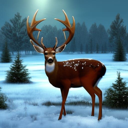 Deer in Snowy Meadow Wearing Christmas Hat
