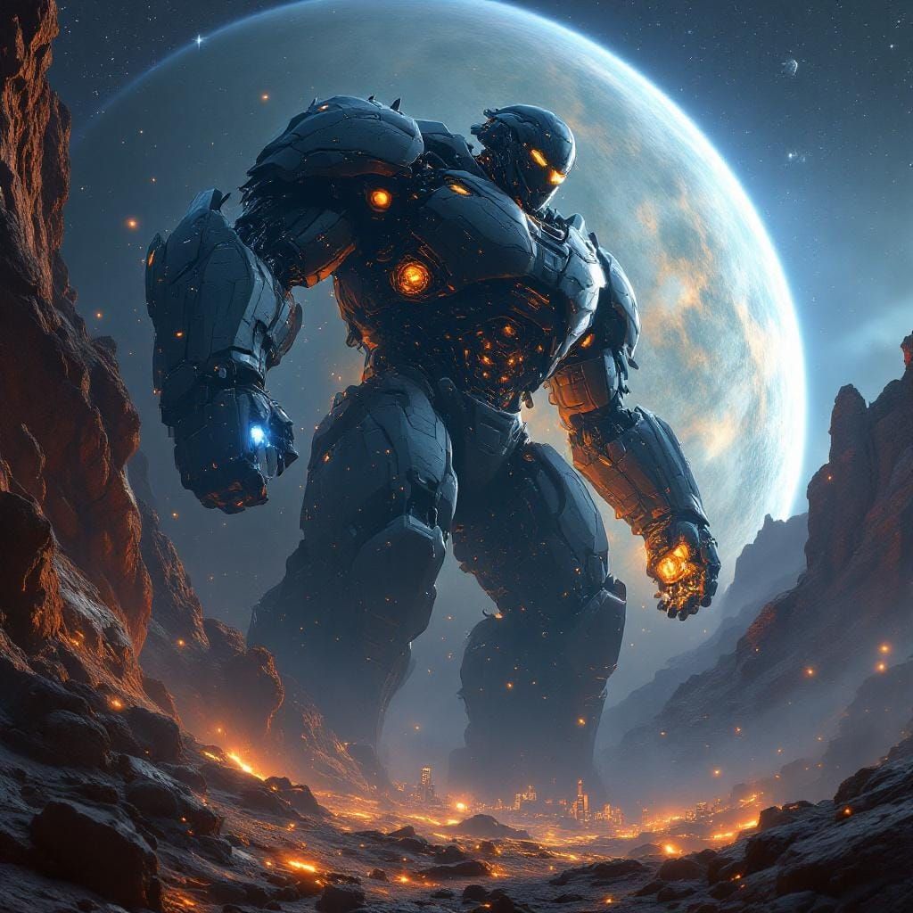 Titanic Robot Warrior Emerges from Rocky Planet