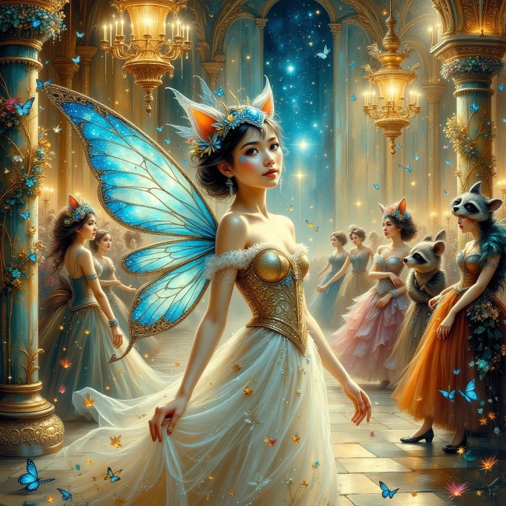Whimsical Cat Fairy at Elegant Masquerade Ball