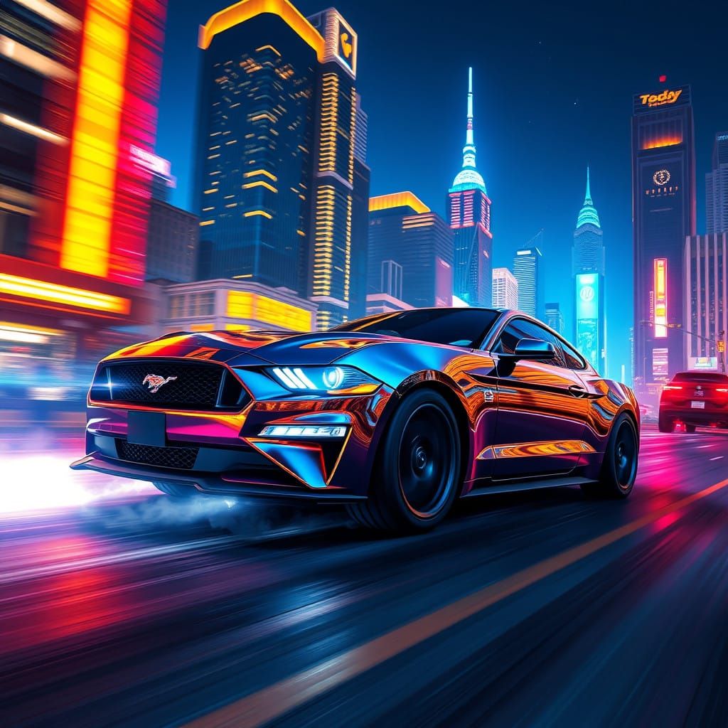 Neon-Lit Ford Mustang Speeds Through Futuristic Cityscape