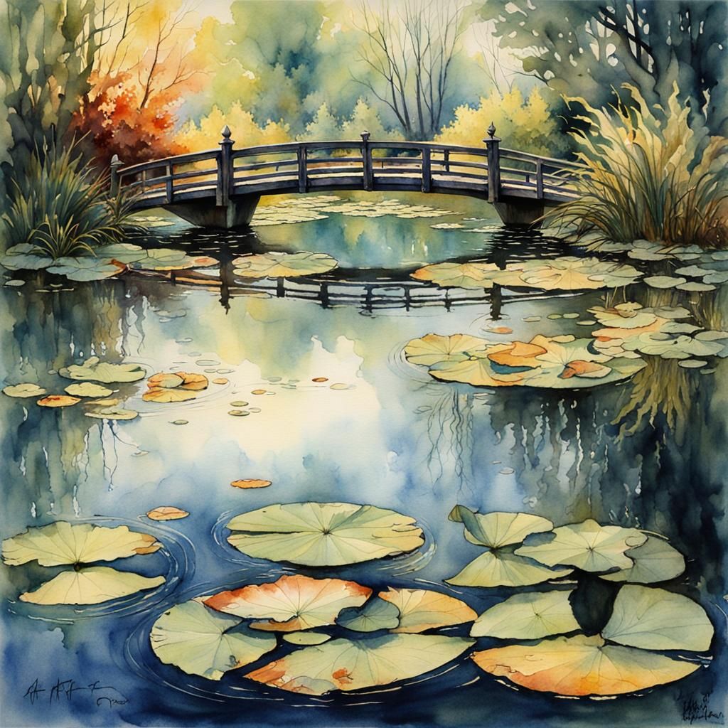 Colorful Lily Pond in Watercolor Style