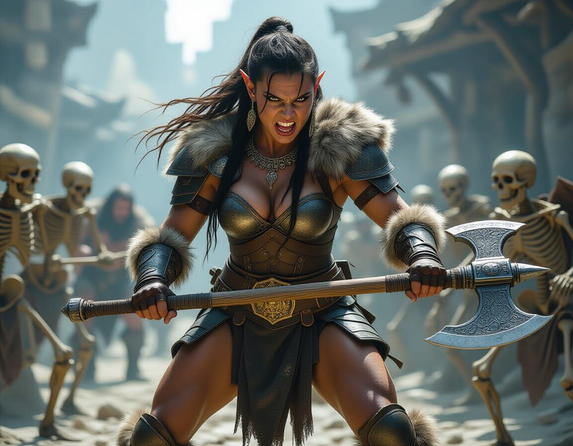 Half-Orc Barbarian Fights Skeletons in Cinematic Realism